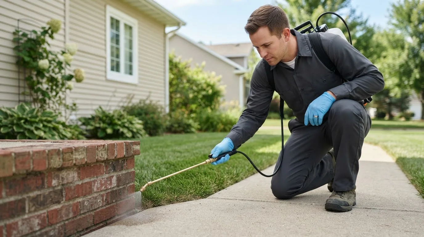 Pest control technician treating a home near Dearborn, MO