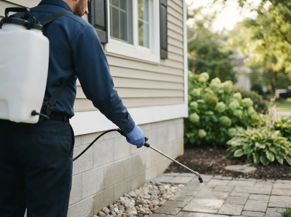 Pest control technician inspecting a home in Dearborn, MO